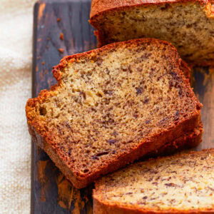 close up of a slice of gluten-free banana bread.
