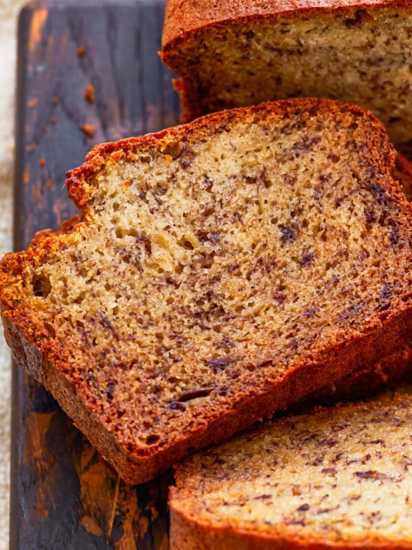 close up of a slice of gluten-free banana bread.