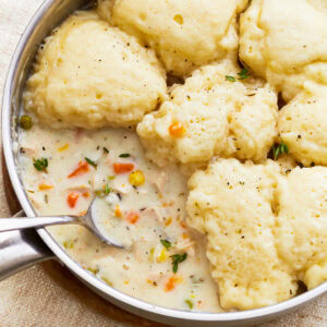 Close up of gluten-free chicken and dumplings