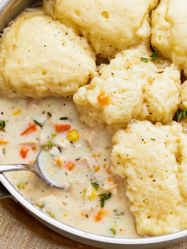 Close up of gluten-free chicken and dumplings