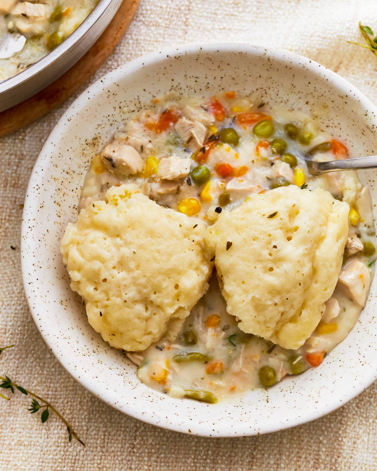 A bowl of gluten-free chicken and dumplings