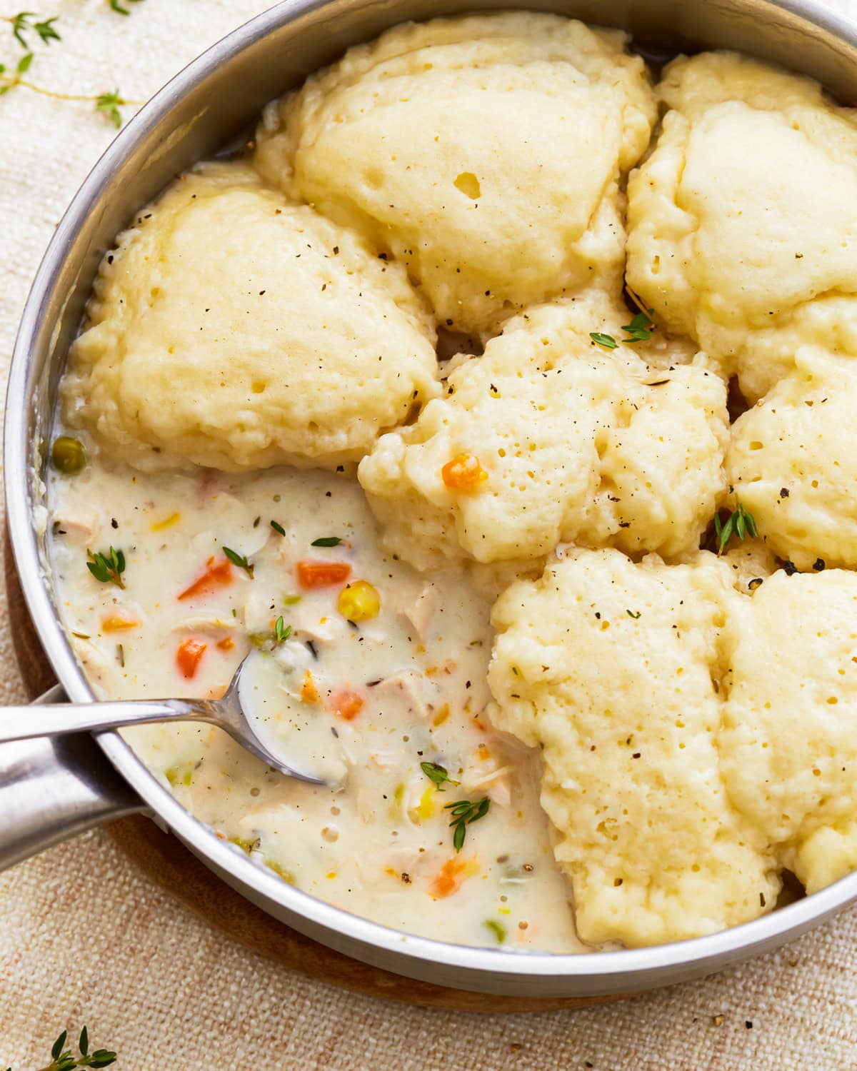 Overhead view of gluten-free chicken and dumplings