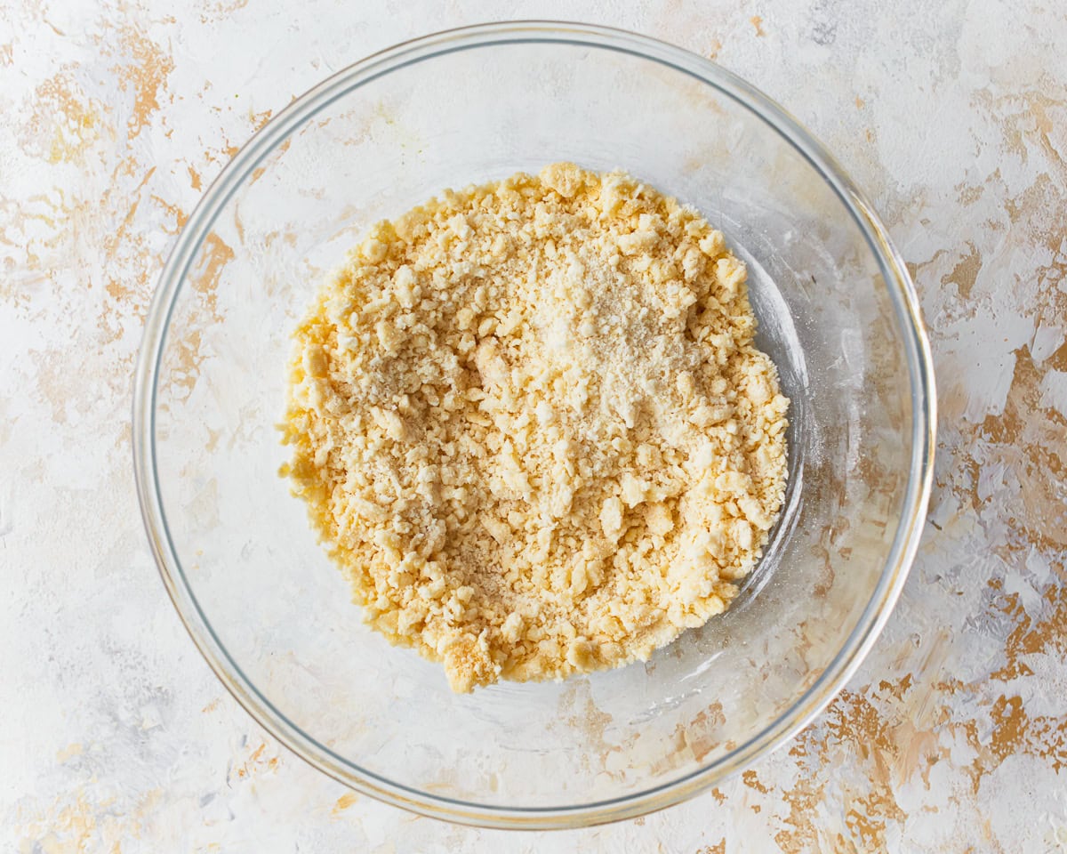 Ingredients for gluten-free dumplings in a glass mixing bowl