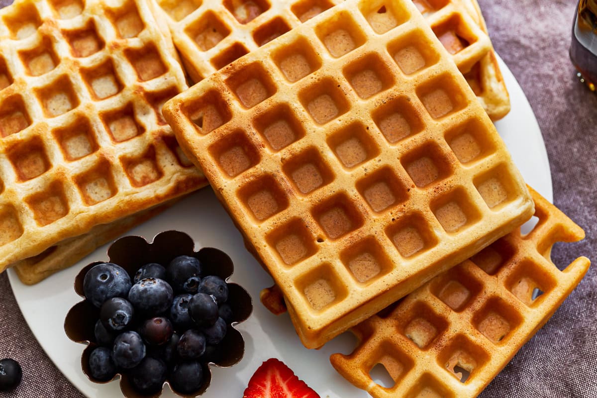 overhead view of a stack of gluten-free waffles.