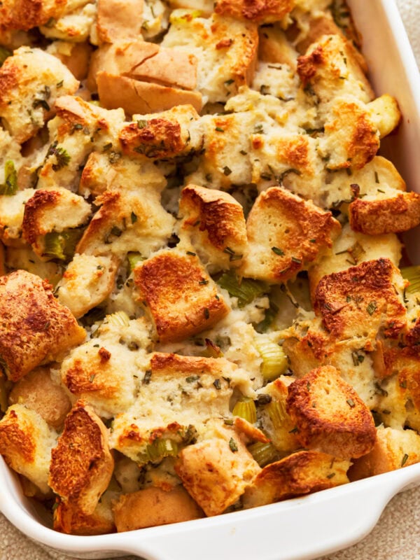 Close up of gluten-free stuffing in a baking dish