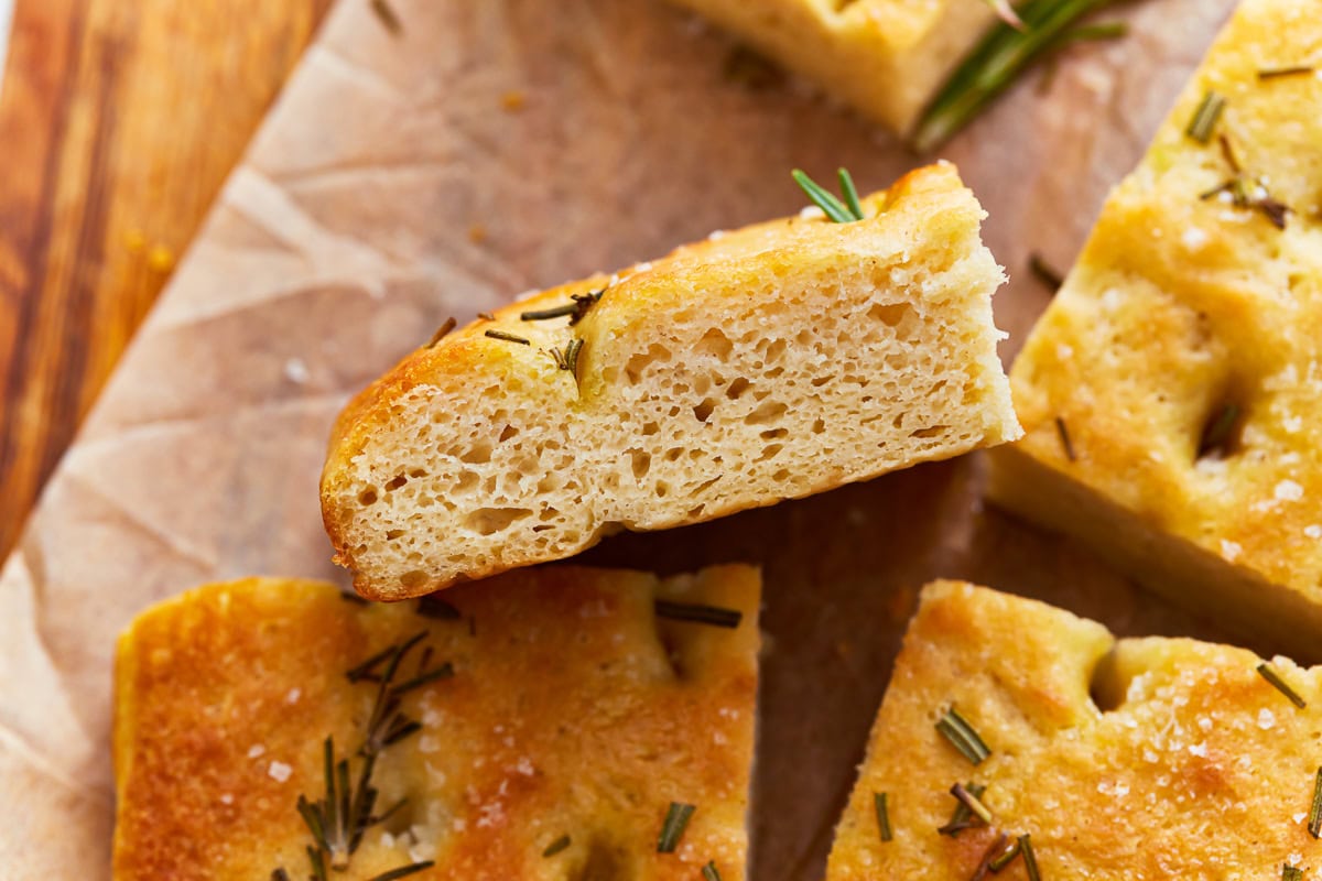 a cross-section of gluten-free focaccia.
