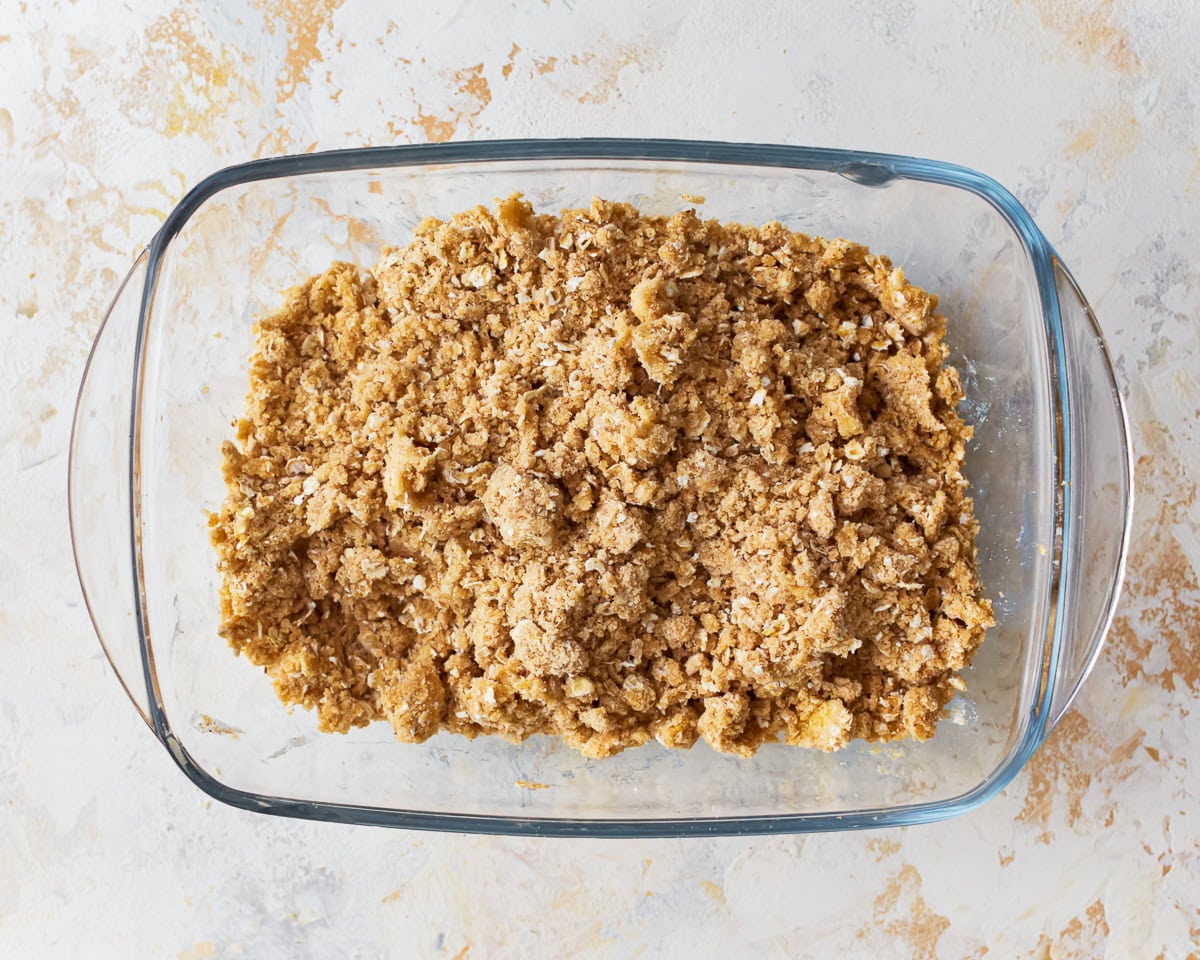 Crumb topping for gluten-free apple crisp in a glass baking dish