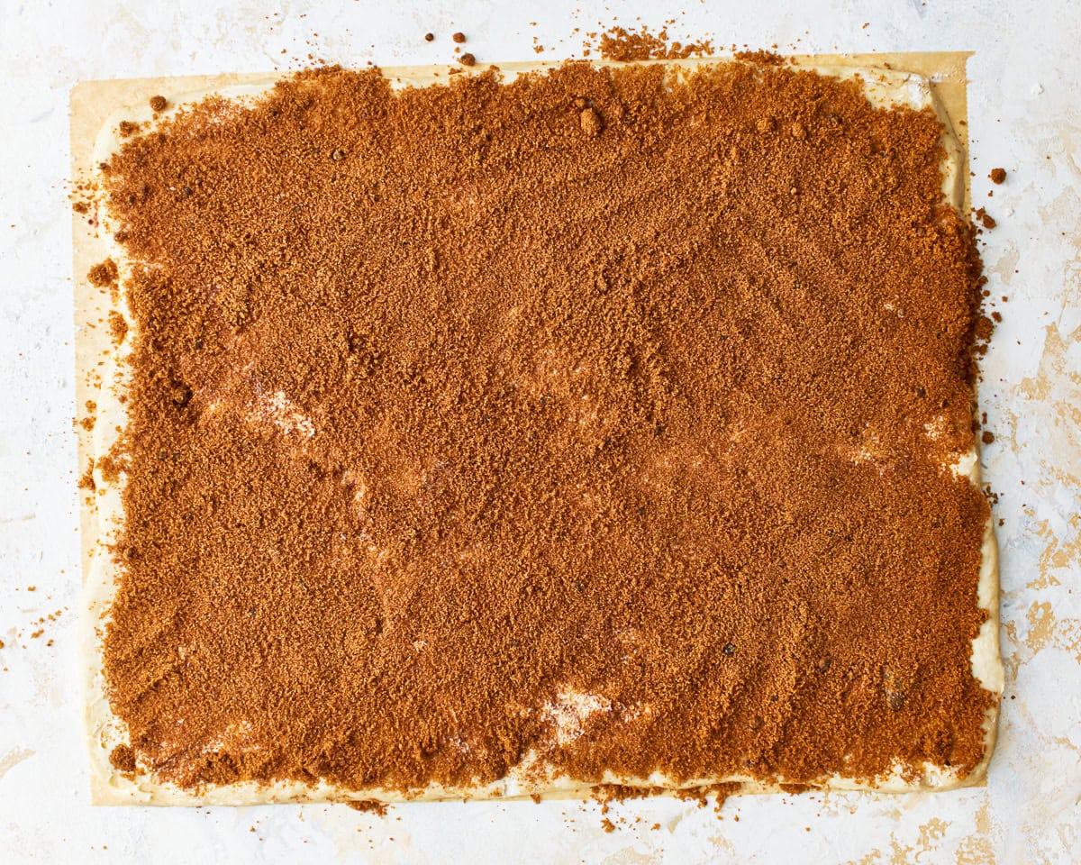 cinnamon spread over a rectangle of dough.
