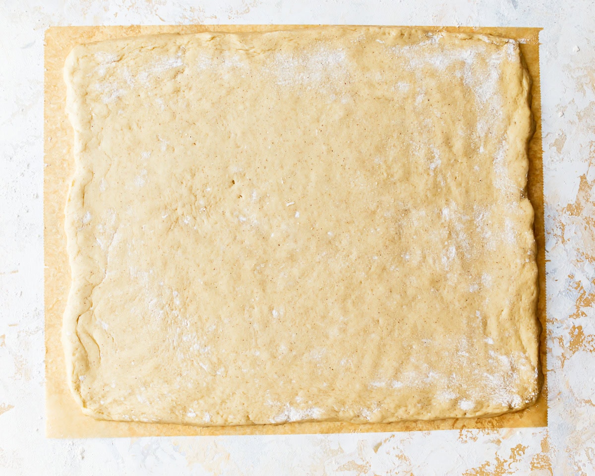 dough rolled out into a rectangle.