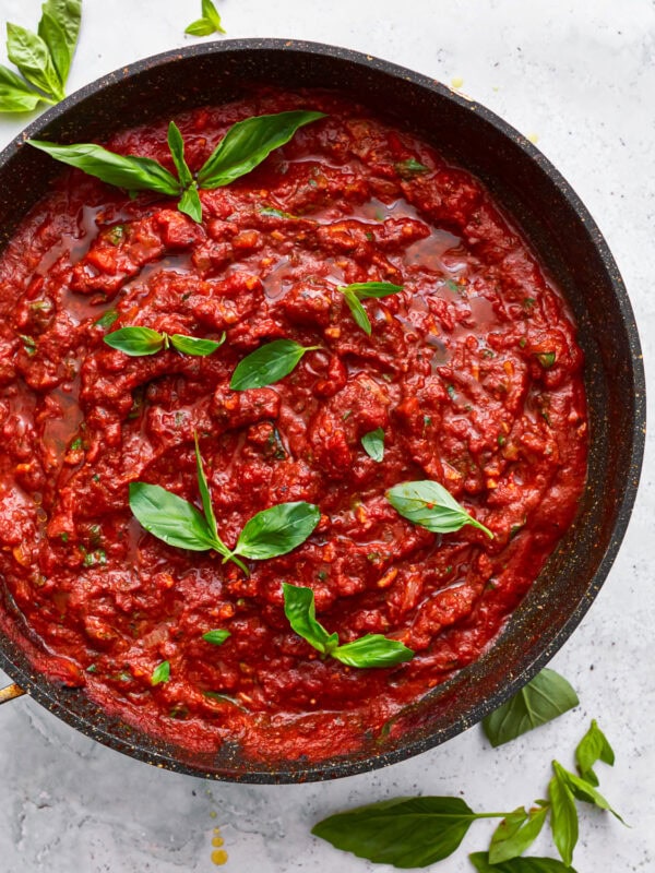 A skillet of gluten-free spaghetti sauce