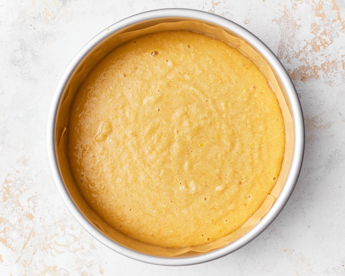 Almond flour cake batter poured into a baking tin.