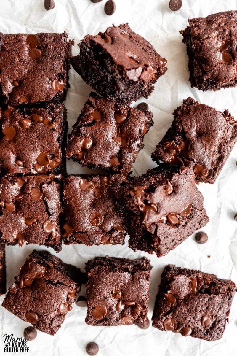 Cut up square of Almond Flour Brownies on parchment paper.