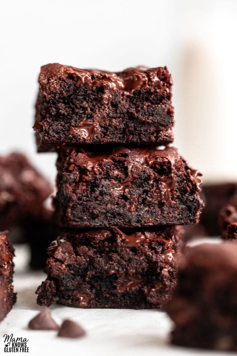 Almond Flour Brownies squares in a pile.