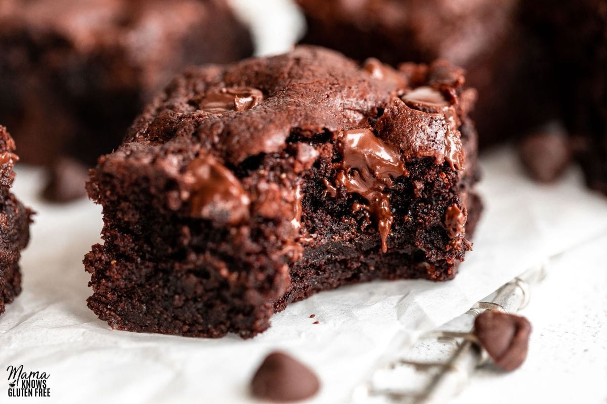 A cut up square of Almond Flour Brownies.