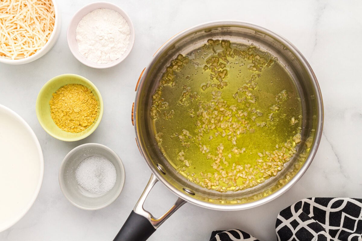 sauteed garlic in a pan of oil.