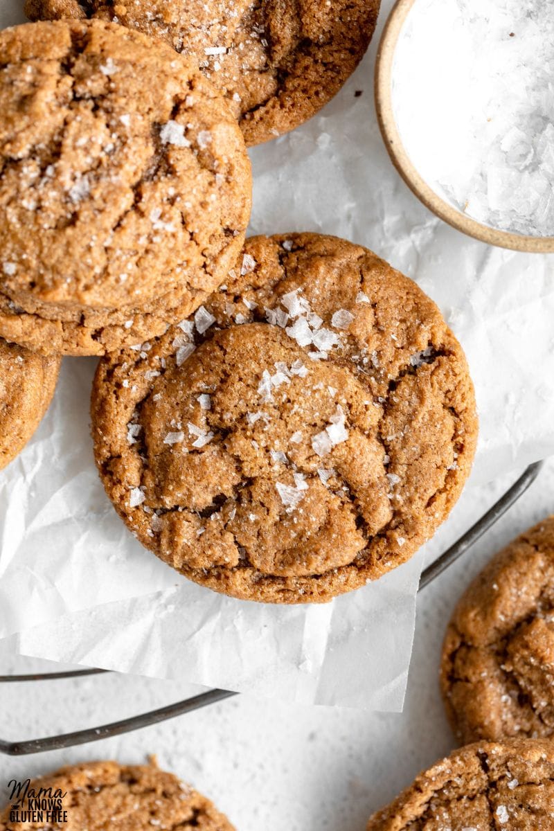 These Flourless Peanut Butter cookies with salt sprinkled on top.