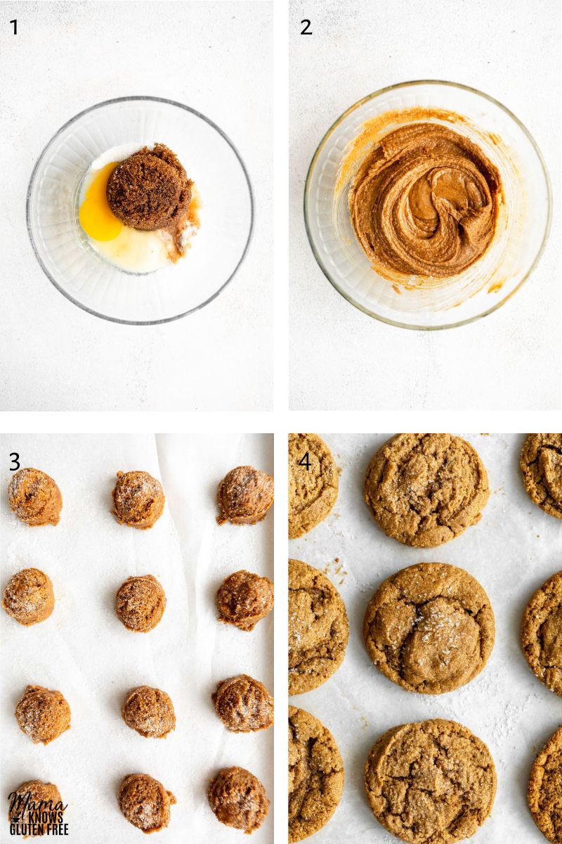 Step by step process photos for flourless peanut butter cookies.