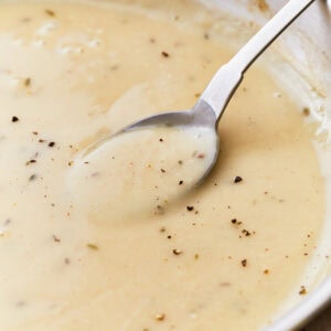 Side view of a spoon in a pan of gluten-free gravy.