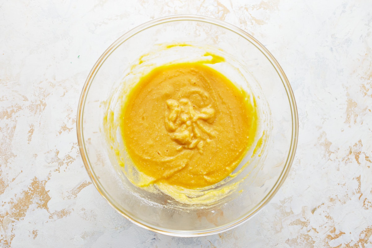 coconut flour pancake batter in a glass bowl.