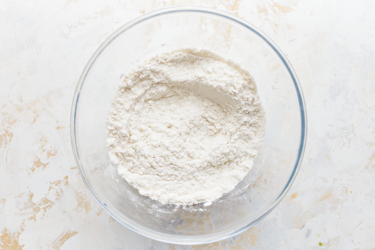 gluten free flour blend in a white bowl.