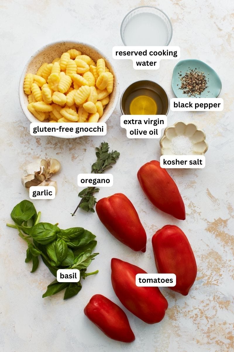 Ingredients for gluten-free gnocchi in tomato sauce.