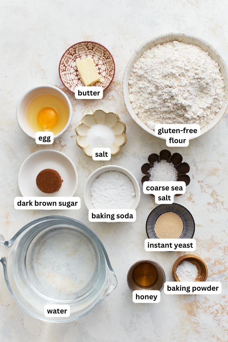 Ingredients for gluten-free soft pretzels.