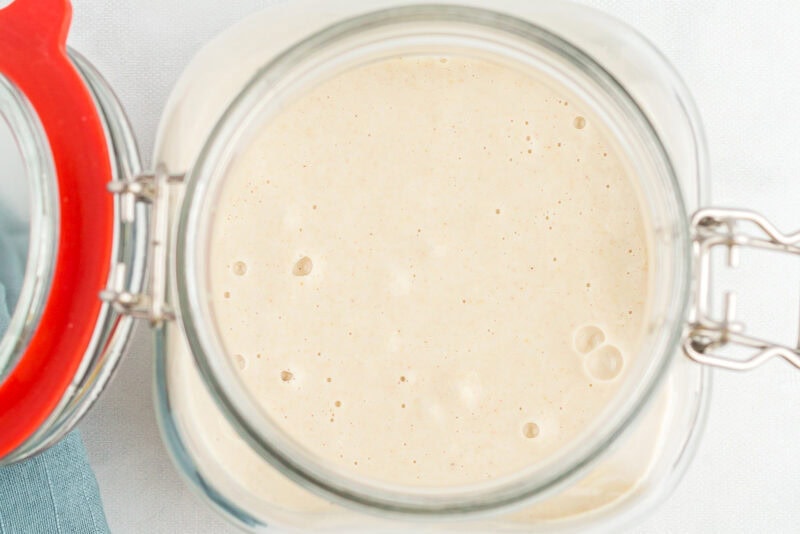 overhead view of bubbling gluten free sourdough starter in a glass jar.