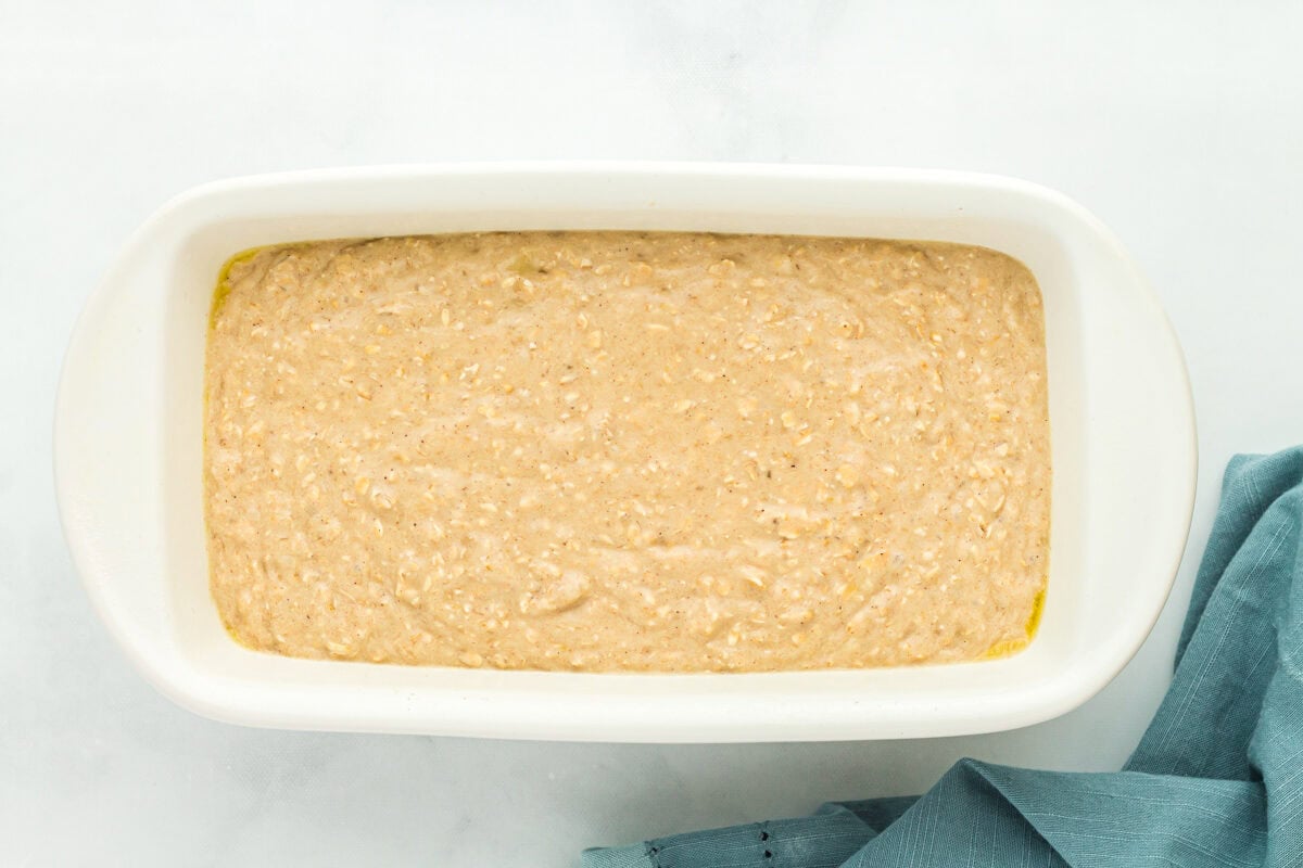 Batter for flourless banana bread in a baking dish