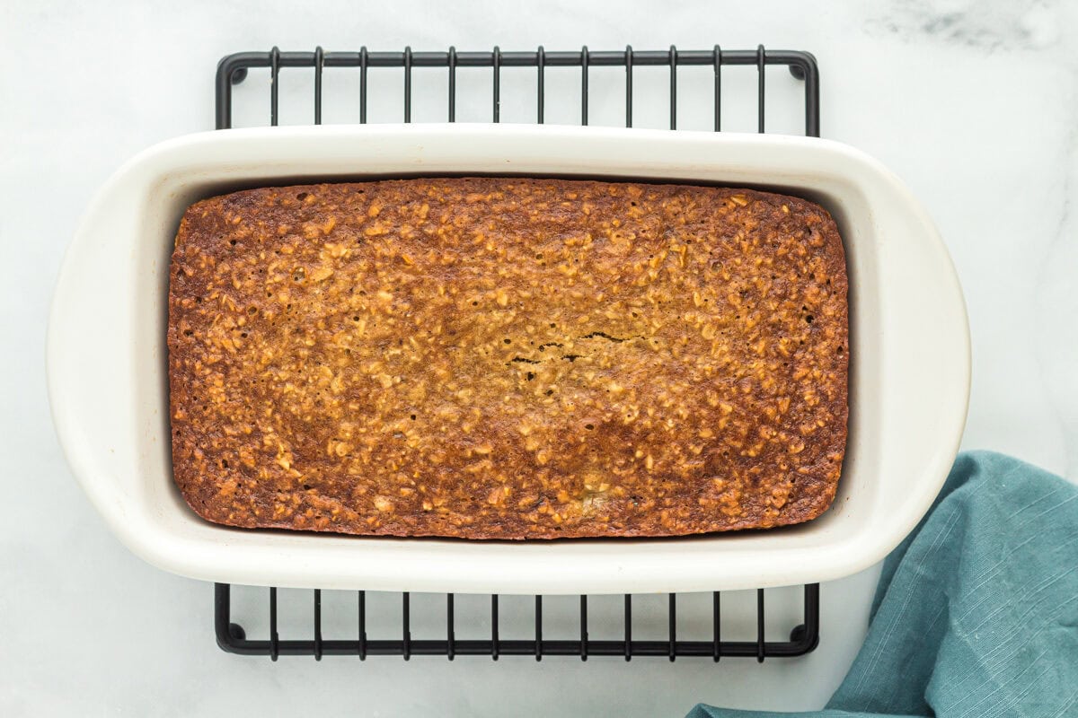 Flourless banana bread in a baking dish