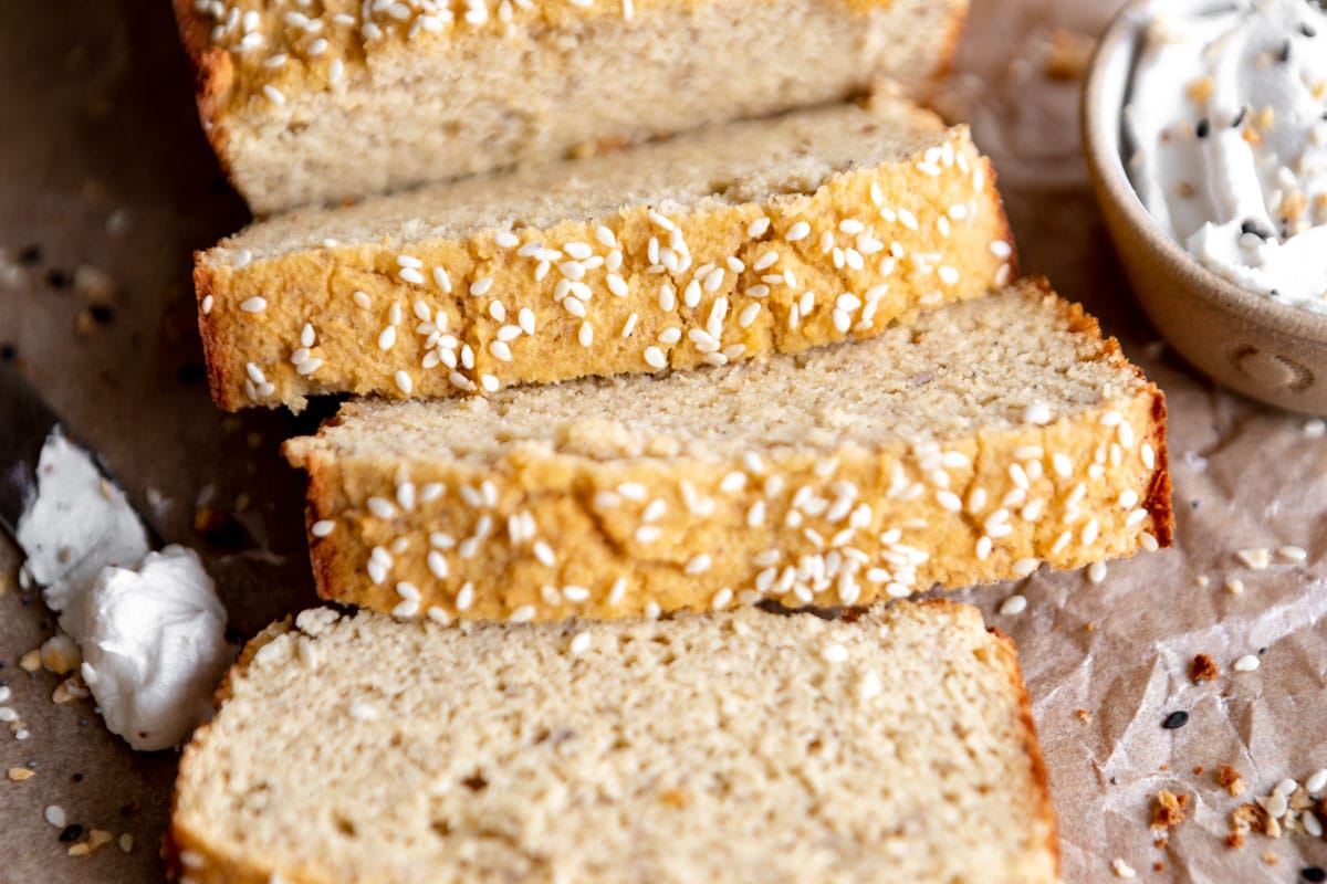 close-up of slices of coconut flour bread.