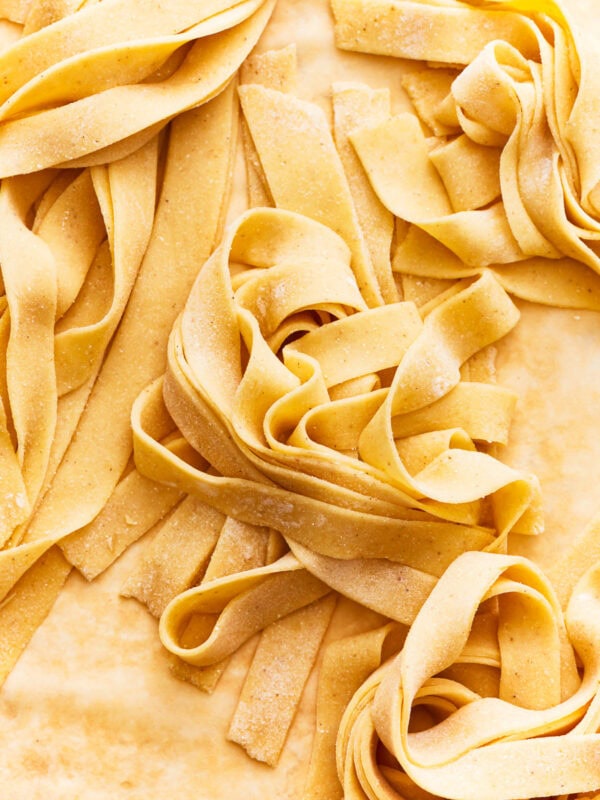 gluten-free pasta on parchment paper.