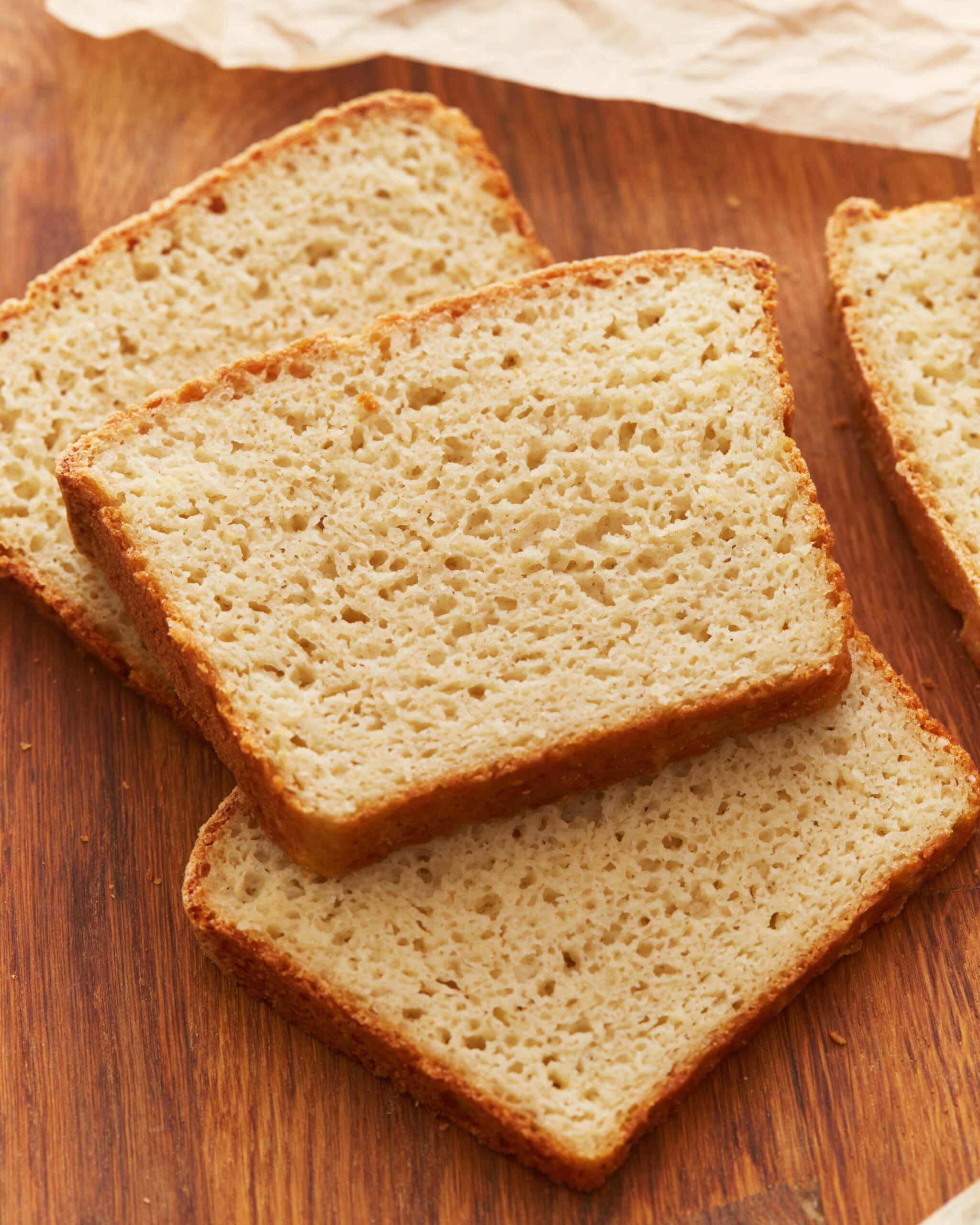 A stack of gluten free potato bread slices.