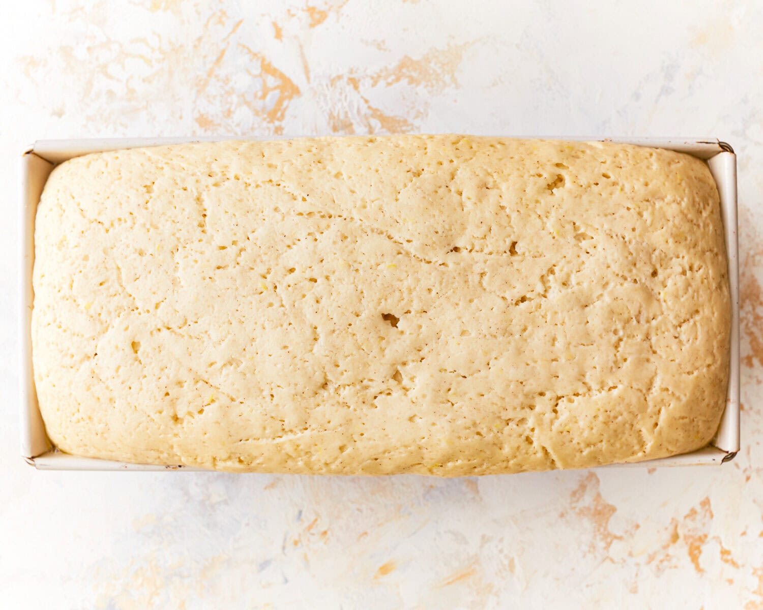 Proofing dough for gluten free potato bread in a loaf pan.