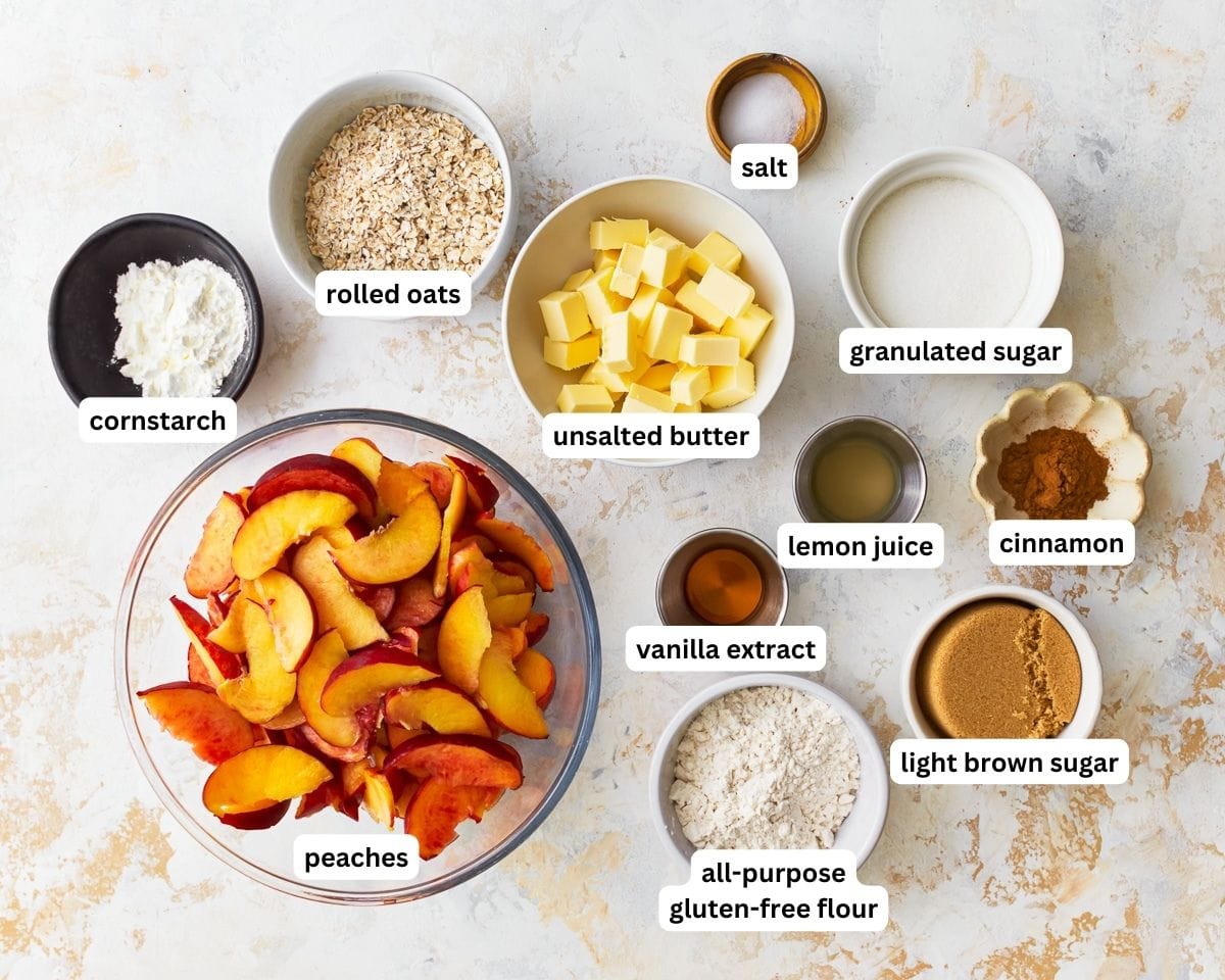 Ingredients for gluten-free peach crisp recipe