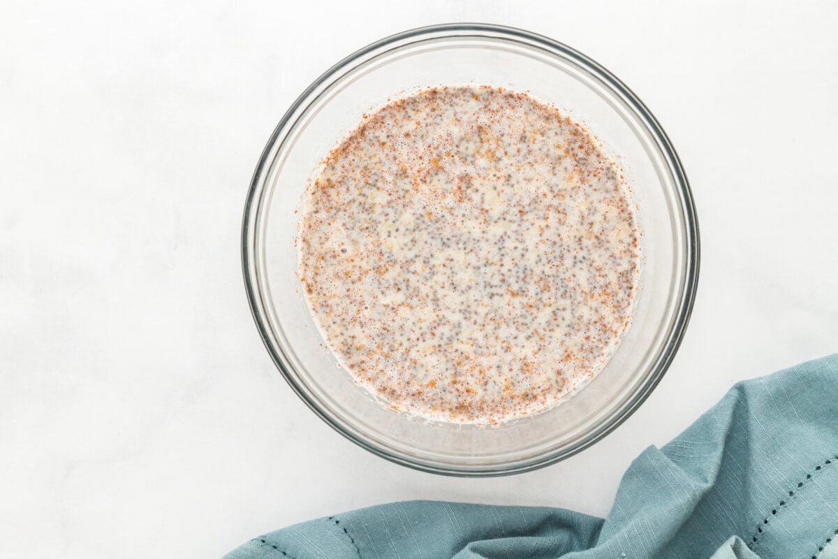 banana chia pudding in a glass bowl.