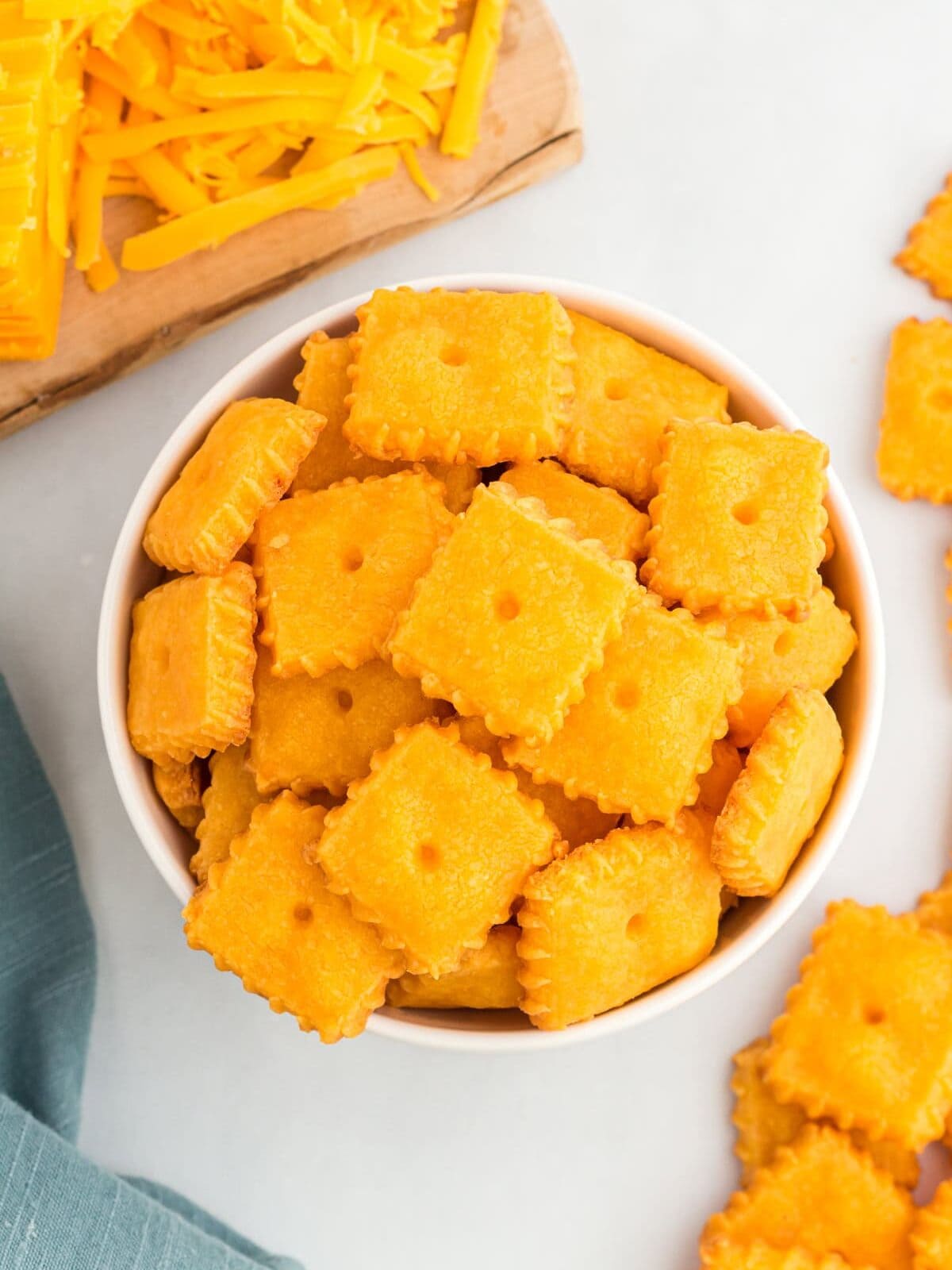 Overhead view of a bowl of gluten free cheez its.