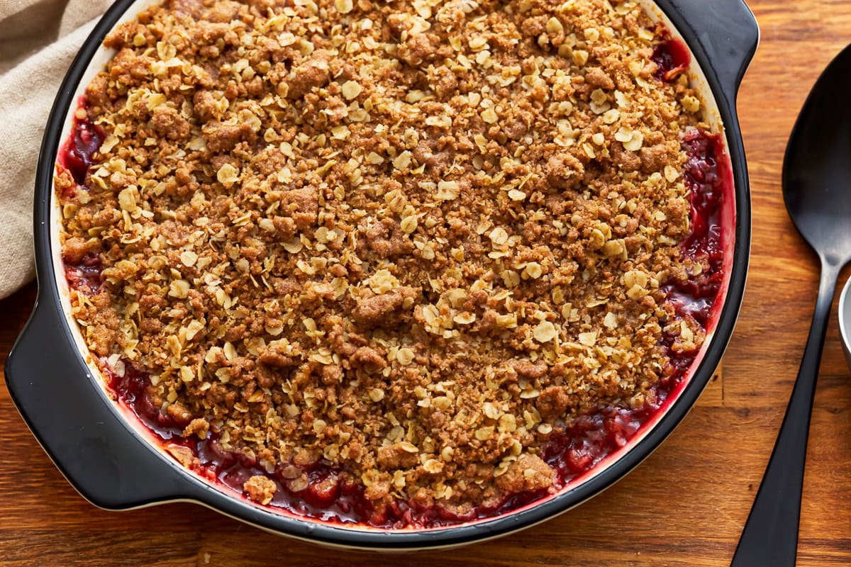 Gluten-free peach crisp in a baking dish.