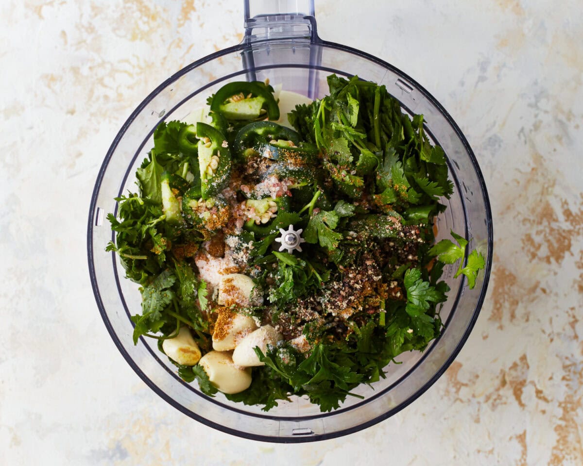 ingredients for gluten-free falafel in a food processor.