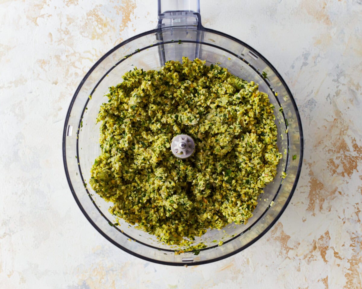 gluten-free falafel batter in a food processor.