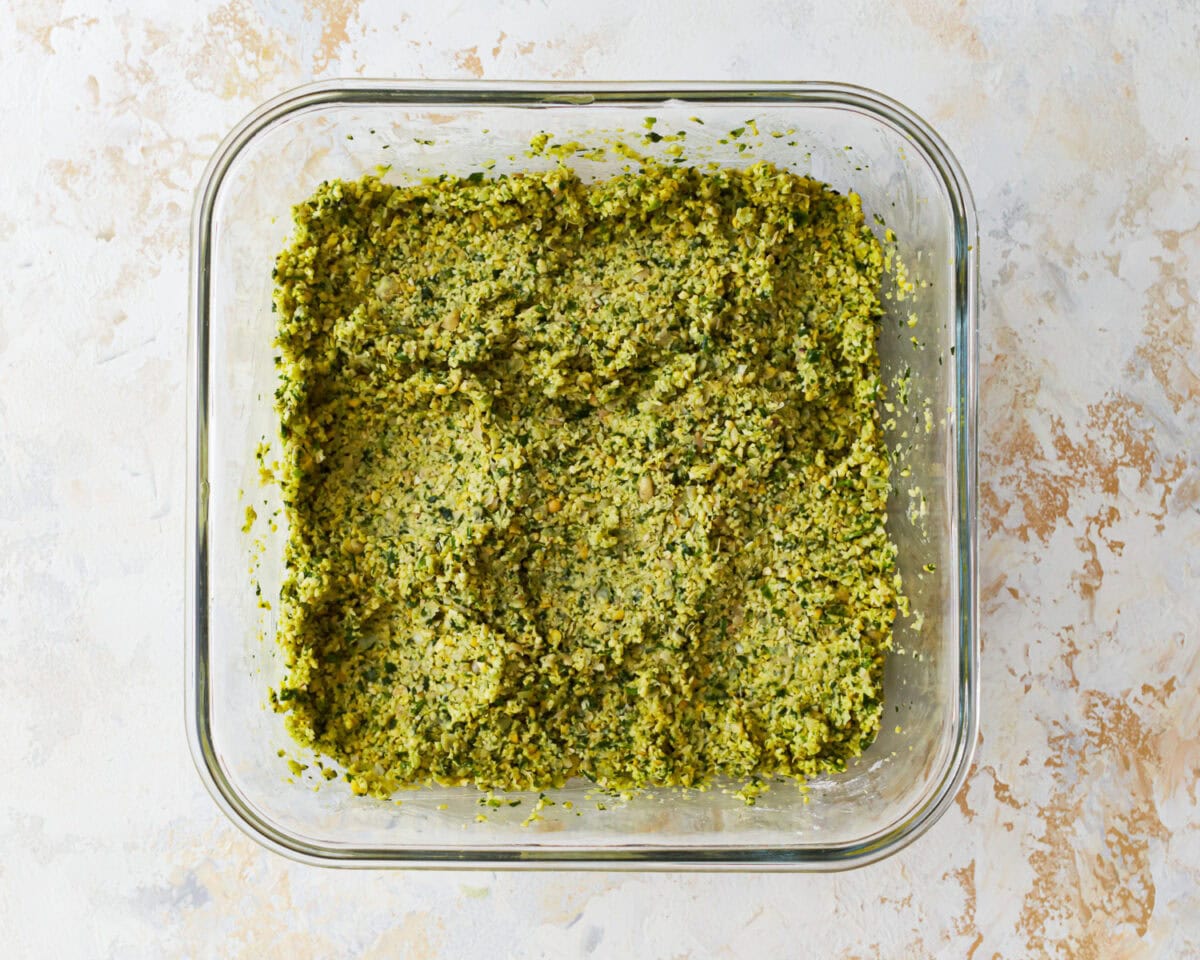 gluten-free falafel mix in a glass bowl.