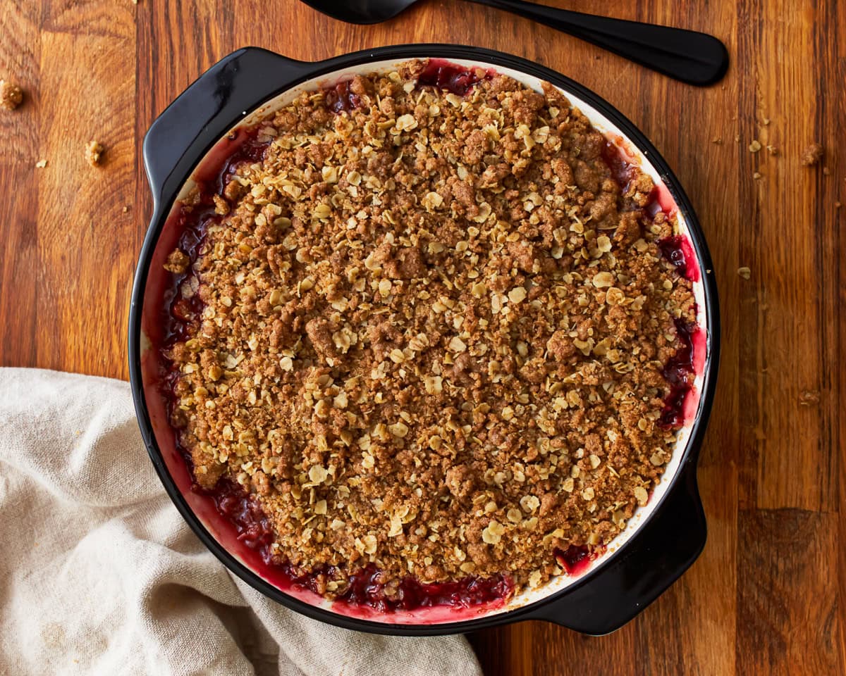 Freshly baked gluten-free peach crisp in a baking dish