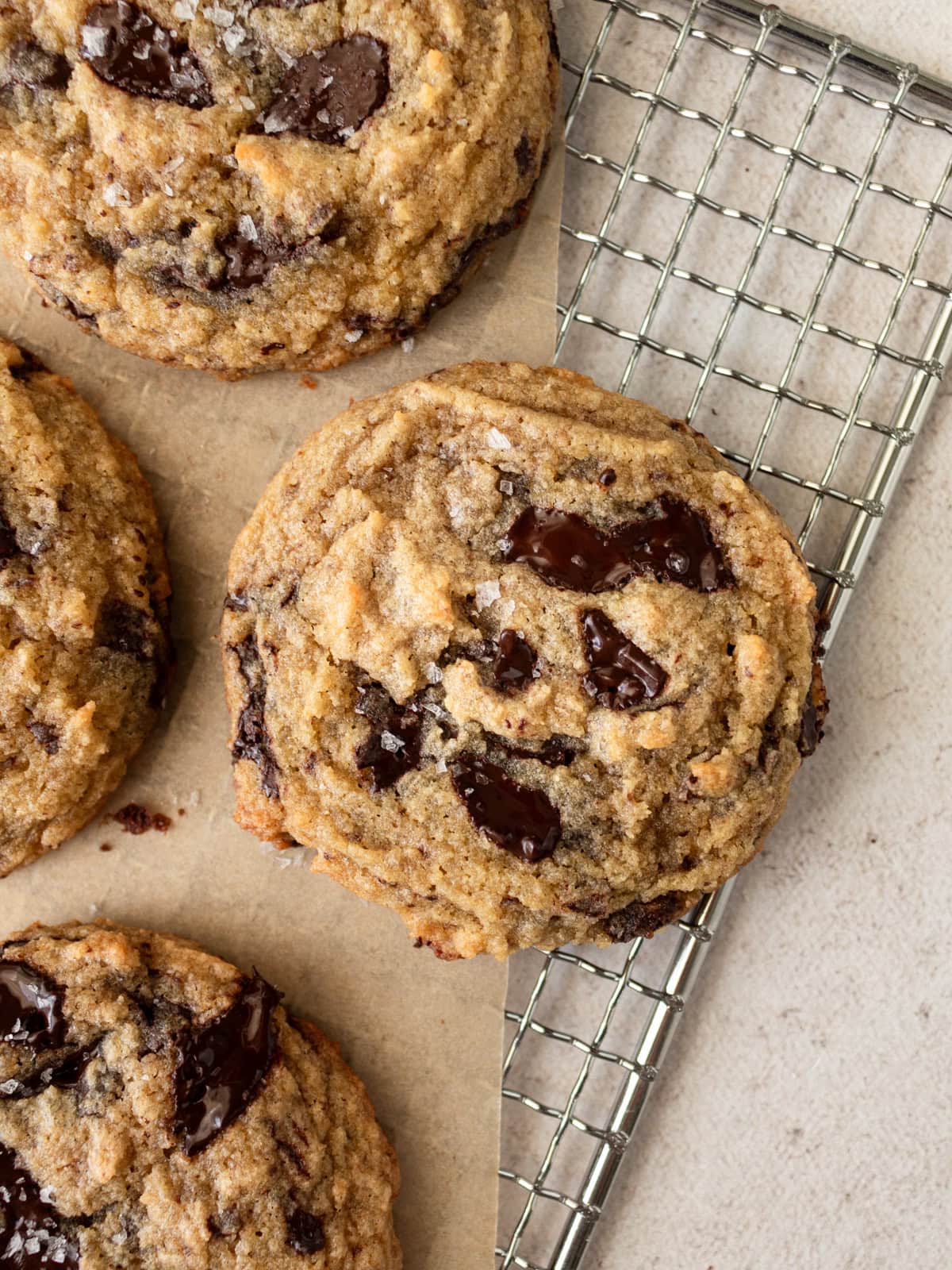 Coconut flour chocolate chip cookies on a wire rack