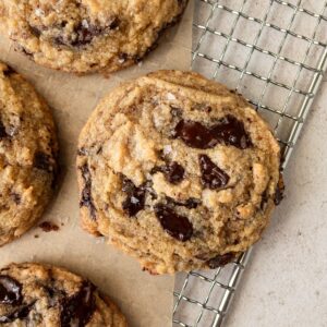 Close up of coconut flour chocolate chip cookies on a wire rack