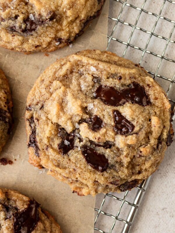 Close up of coconut flour chocolate chip cookies on a wire rack