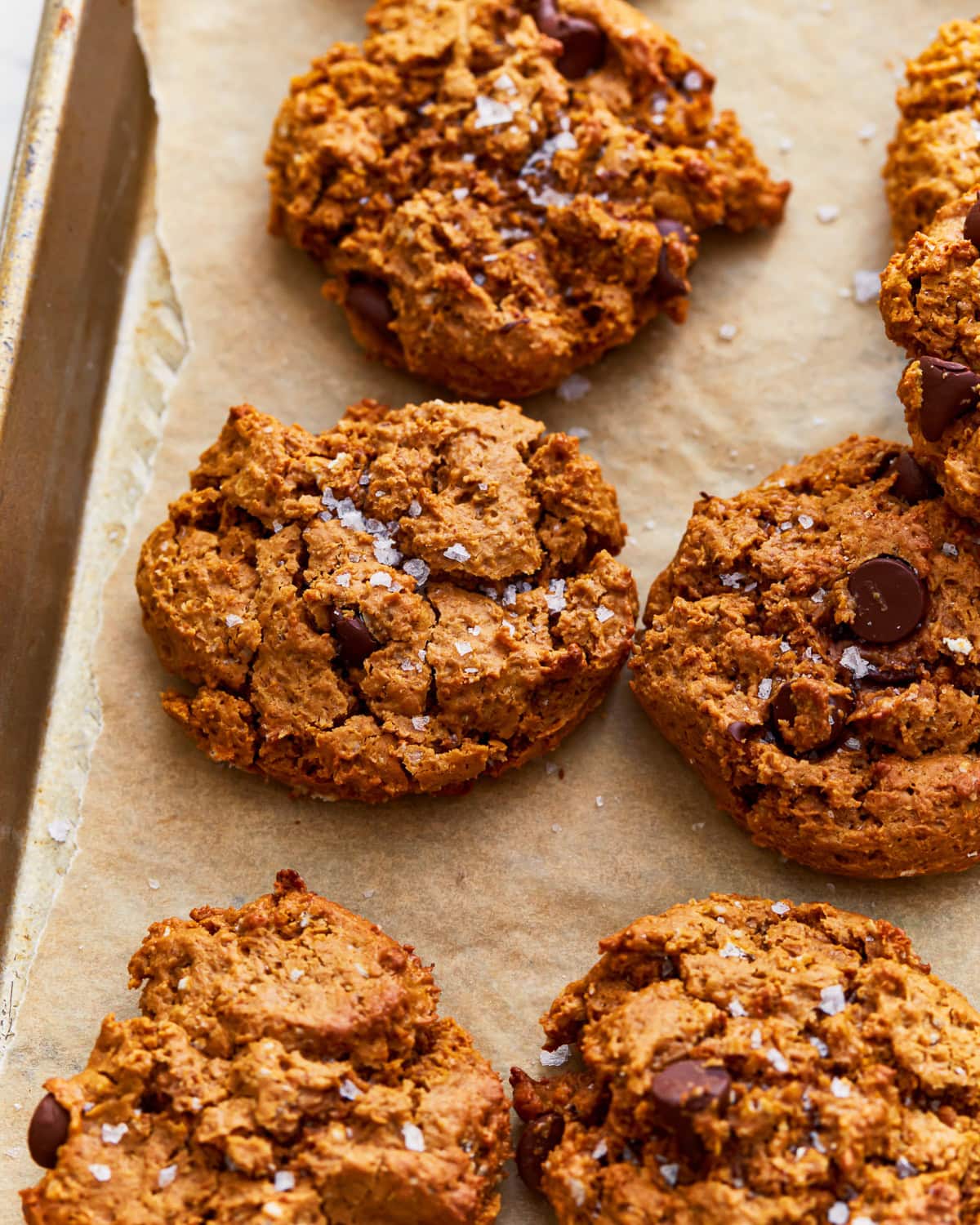 gluten-free peanut butter oatmeal cookies on a parchment lined baking sheet