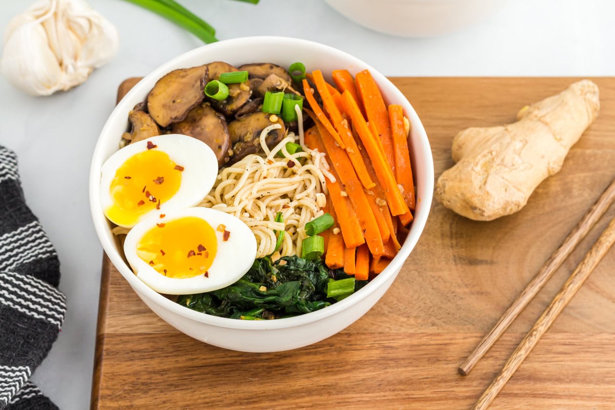 Side view of a bowl of gluten-free ramen