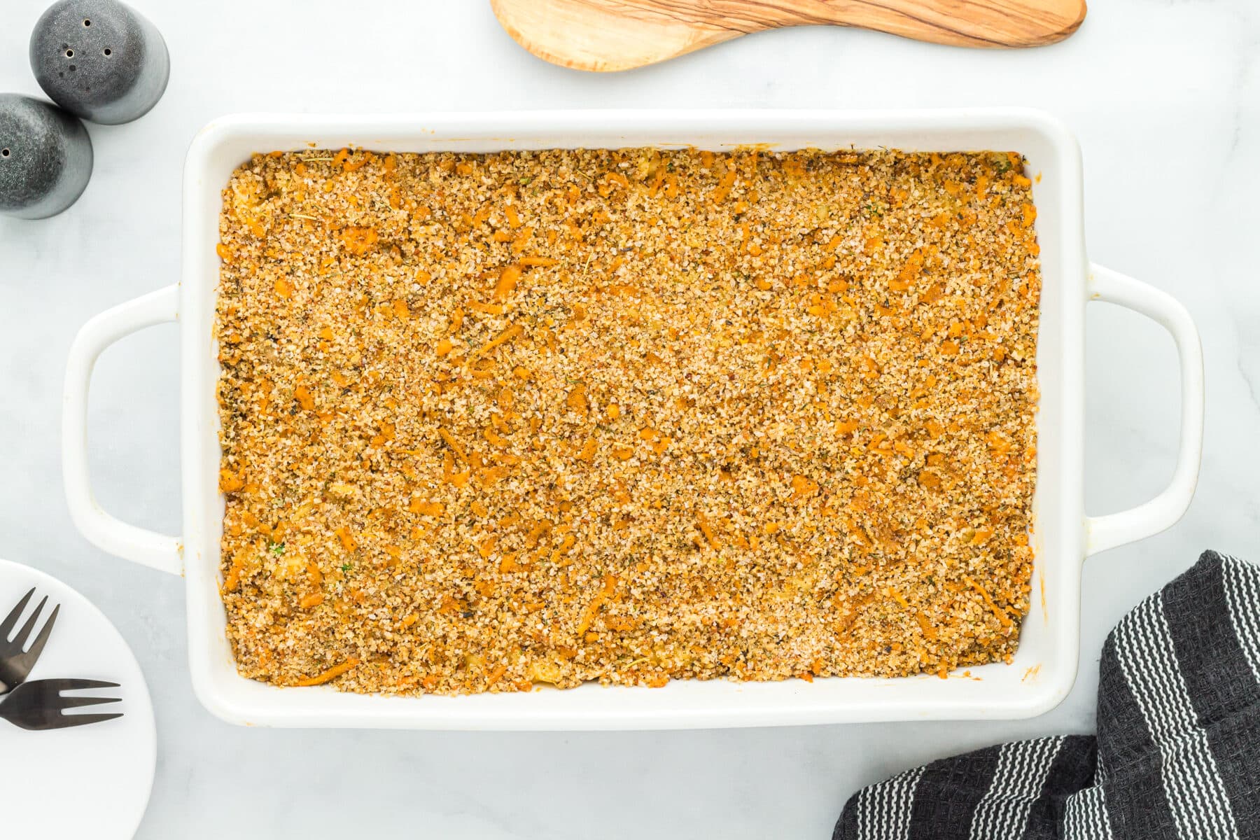 Gluten-free tuna casserole in a baking dish