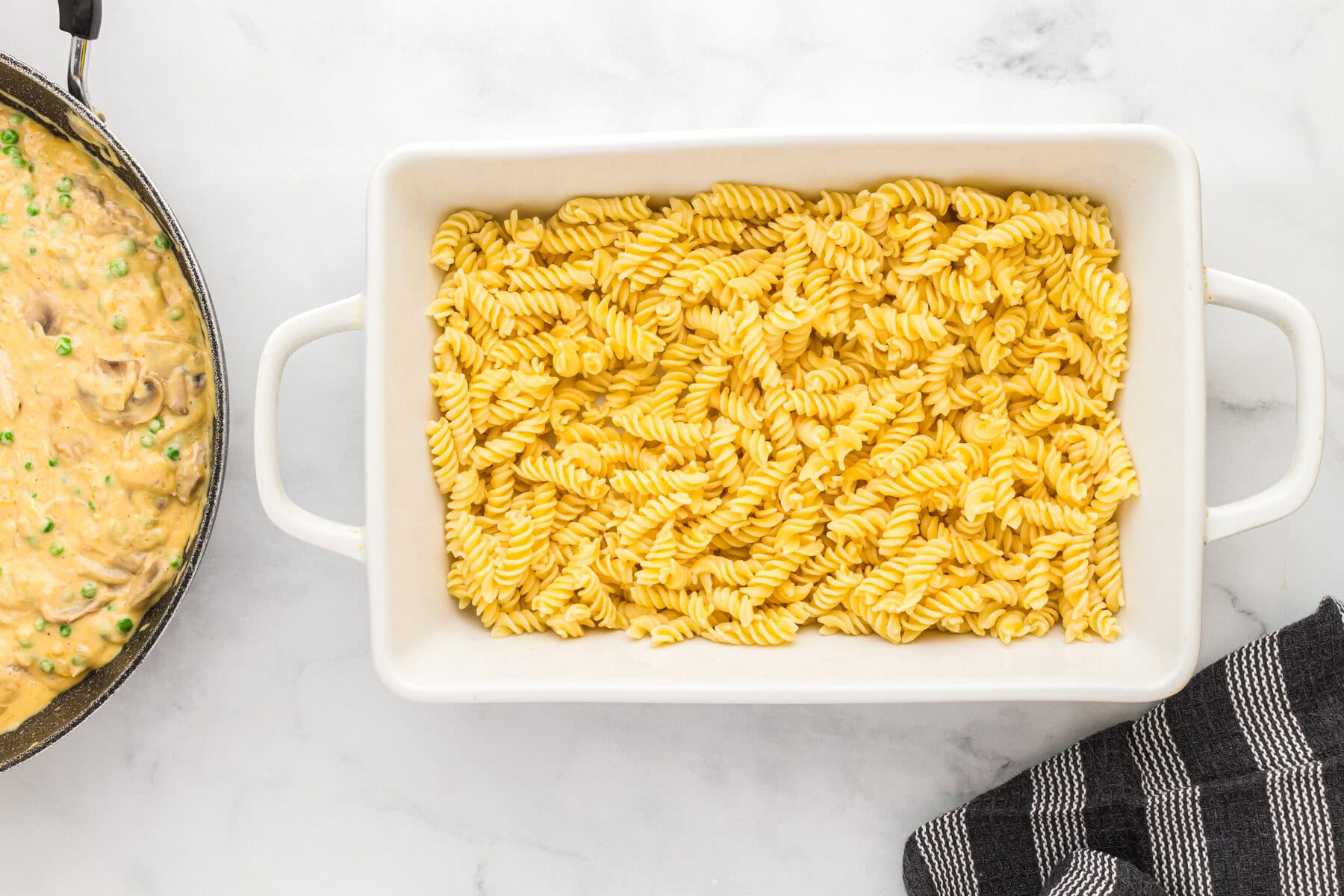 Cooked noodles in a baking dish