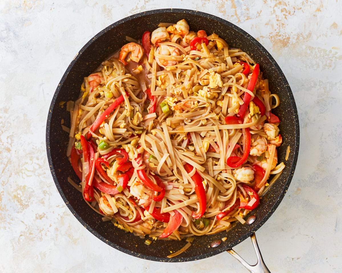 Gluten-free pad thai in a skillet