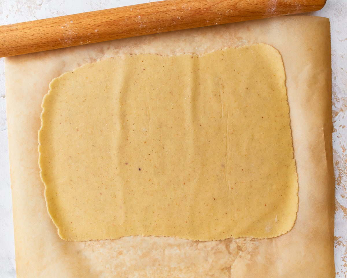 Almond flour pasta dough rolled out into a rectangle shape